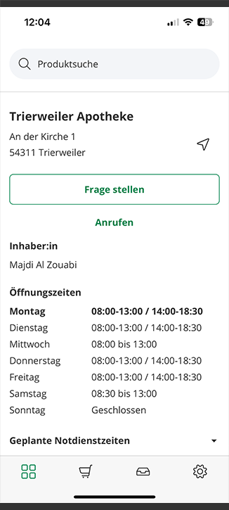 Screenshot der Oeffnungszeiten der Trierweiler Apotheke-App mit Service-Optionen wie Route planen und Benachrichtigungsfunktion.