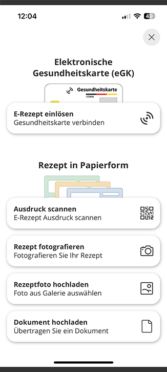Screenshot der Rezept-einloesen-Funktion der Trierweiler Apotheke-App mit Service-Optionen wie Route planen und Benachrichtigungsfunktion.